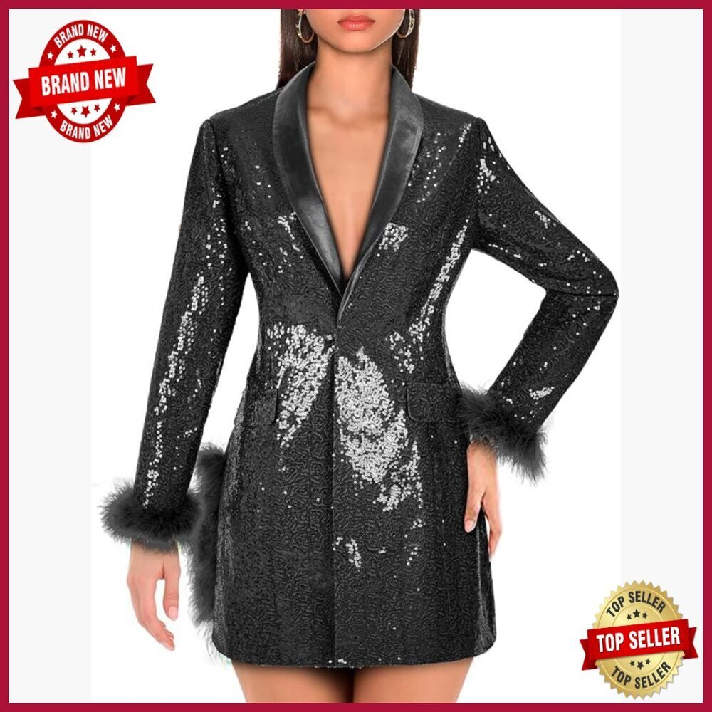 Sequin Blazer Slim Fit Long Sleeve Party Jacket with Pockets